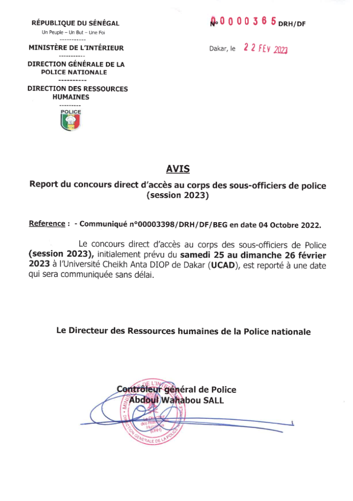 Report du concours direct daccès au corps des sous officiers de