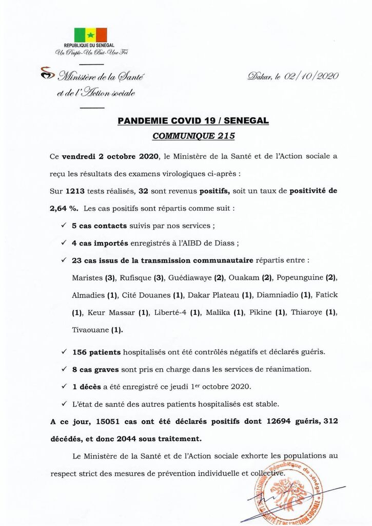 COVID-19 Sénégal : Communiqué 215/02 Oct 2 120602722 2682798055293415 3310539782613762398 o