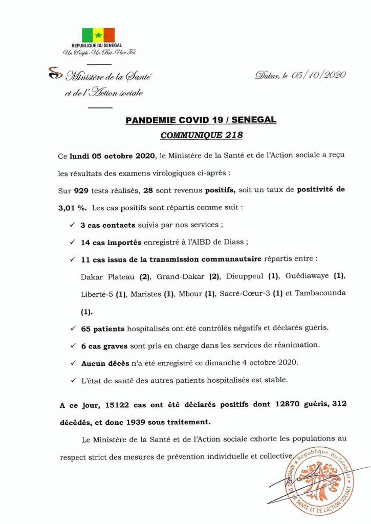 COVID-19 Sénégal : Communiqué 218/05 Oct 2 120841276 2685579791681908 1996144017417127139 o