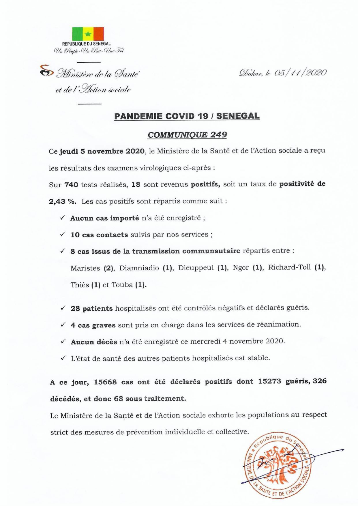 COVID-19 Sénégal : Communiqué 249/05 Nov 2 123803732 2715184658721421 5878932750703800060 o