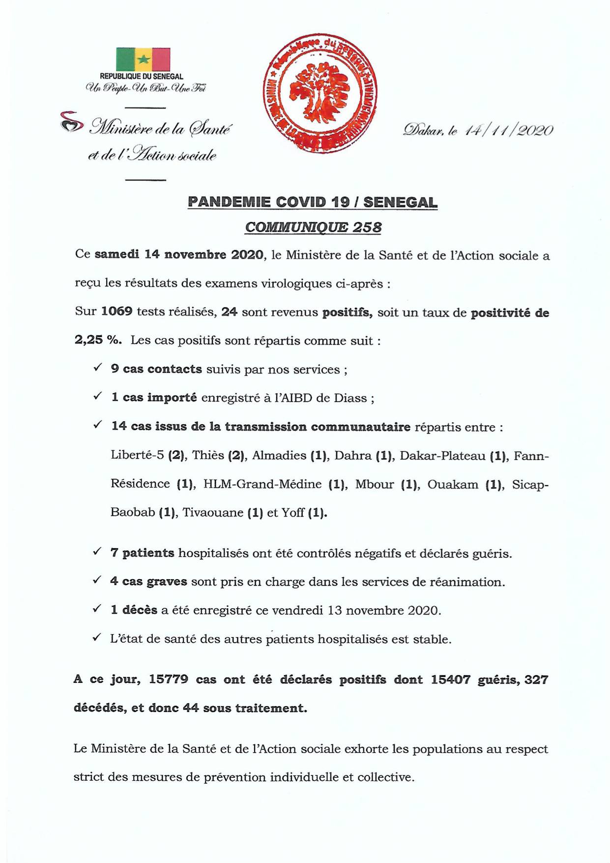 COVID-19 Sénégal : Communiqué 258 /14 Nov 2 125385339 2723705714535982 4045697143836687511 o