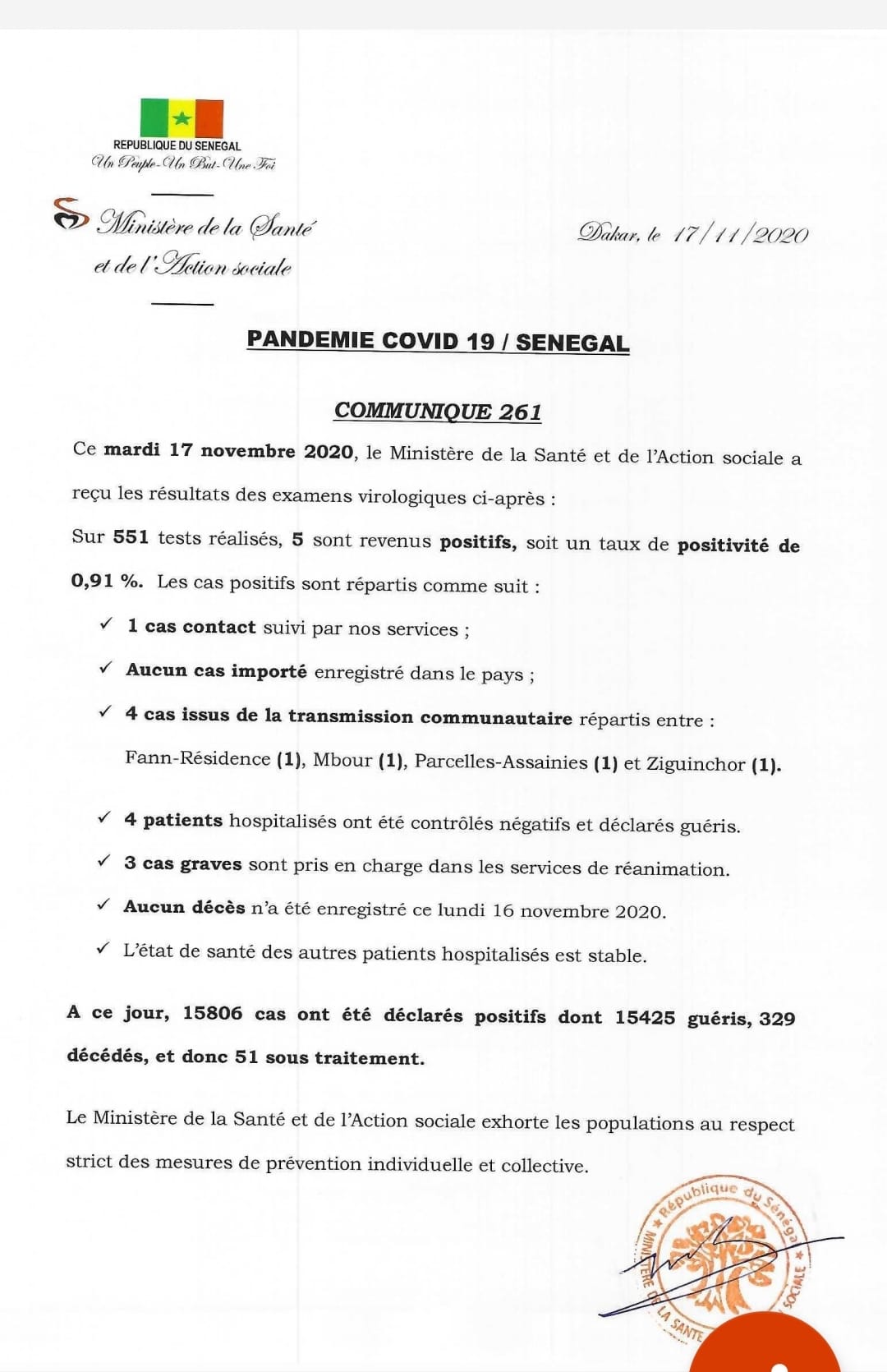 COVID-19 Sénégal : Communiqué 261 /17 Nov 2 125871812 2726737577566129 8451067557507833210 o