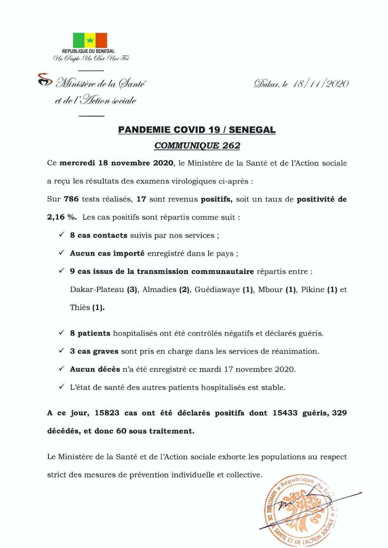 COVID-19 Sénégal : Communiqué 262 /18 Nov 2 126066453 2727629727476914 8267785675072400539 o