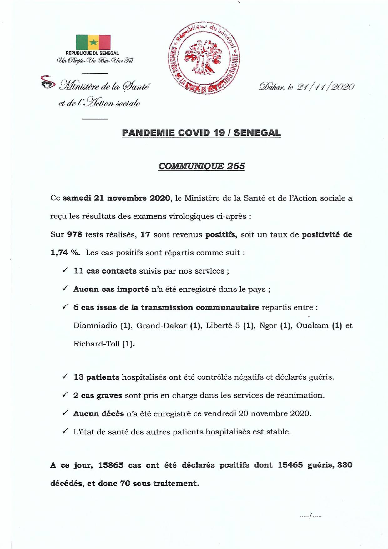 COVID-19 Sénégal : Communiqué 265 /21 Nov 2 126625628 2730076960565524 121053119350258516 o