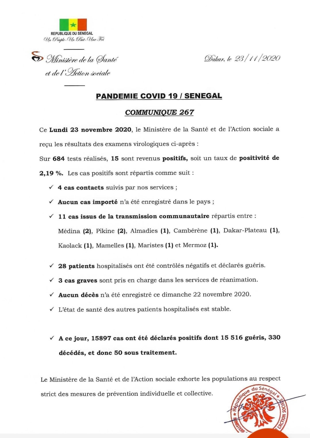 COVID-19 Sénégal : Communiqué 267 /23 Nov 2 127191276 2731752583731295 5358815071260665713 o