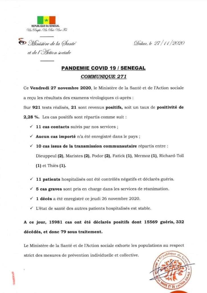 COVID-19 Sénégal : Communiqué 271/27 Nov 2 128082396 2735033240069896 7951352636143400684 o