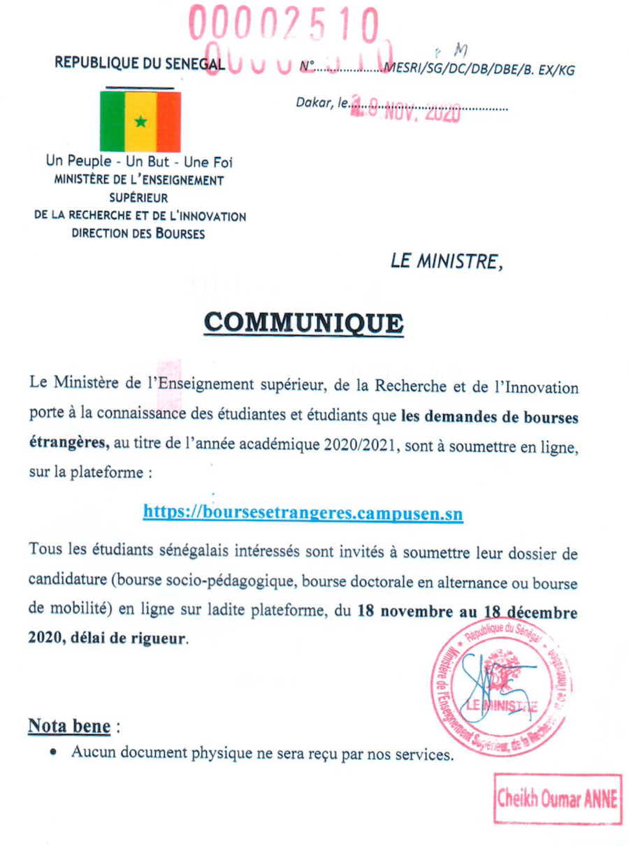 Bourses étrangères 2020-2021 (communiqué du MESRI) 2 www.mesr .gouv .sn VmP9VAcav