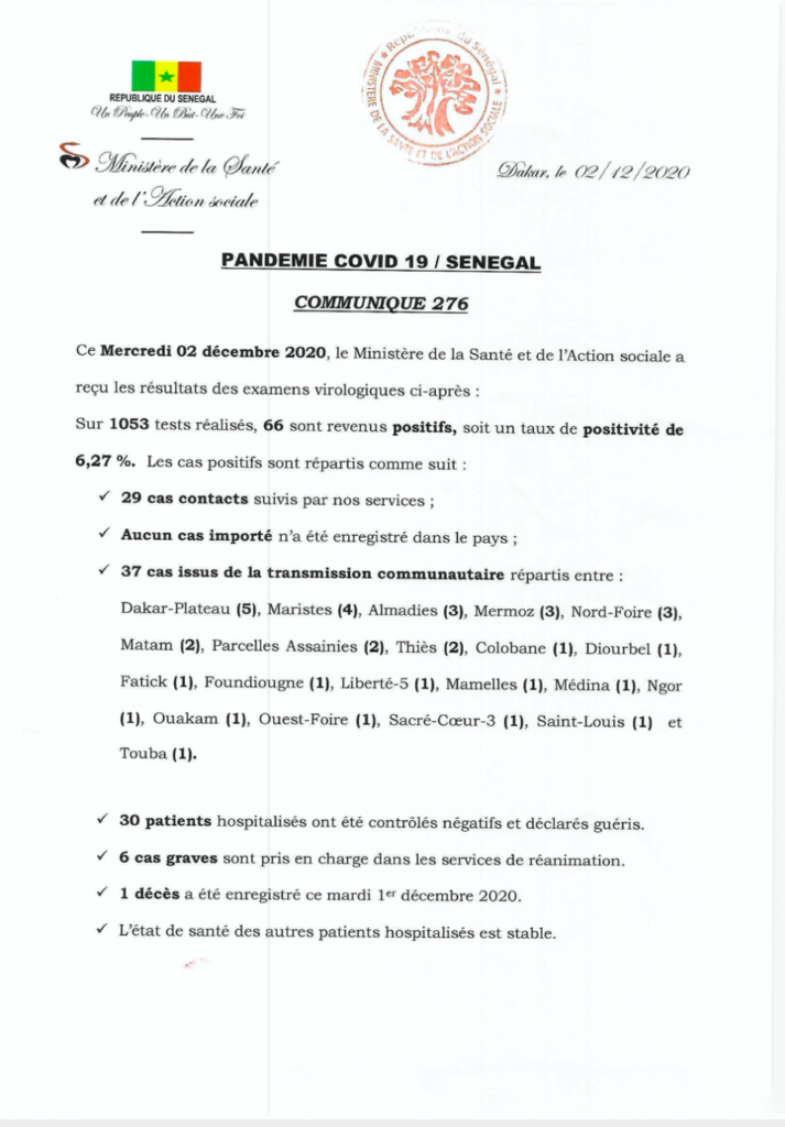 COVID-19 Sénégal : Communiqué 276/02 Dec 2 129155788 2739039566335930 1917556450468618260 o