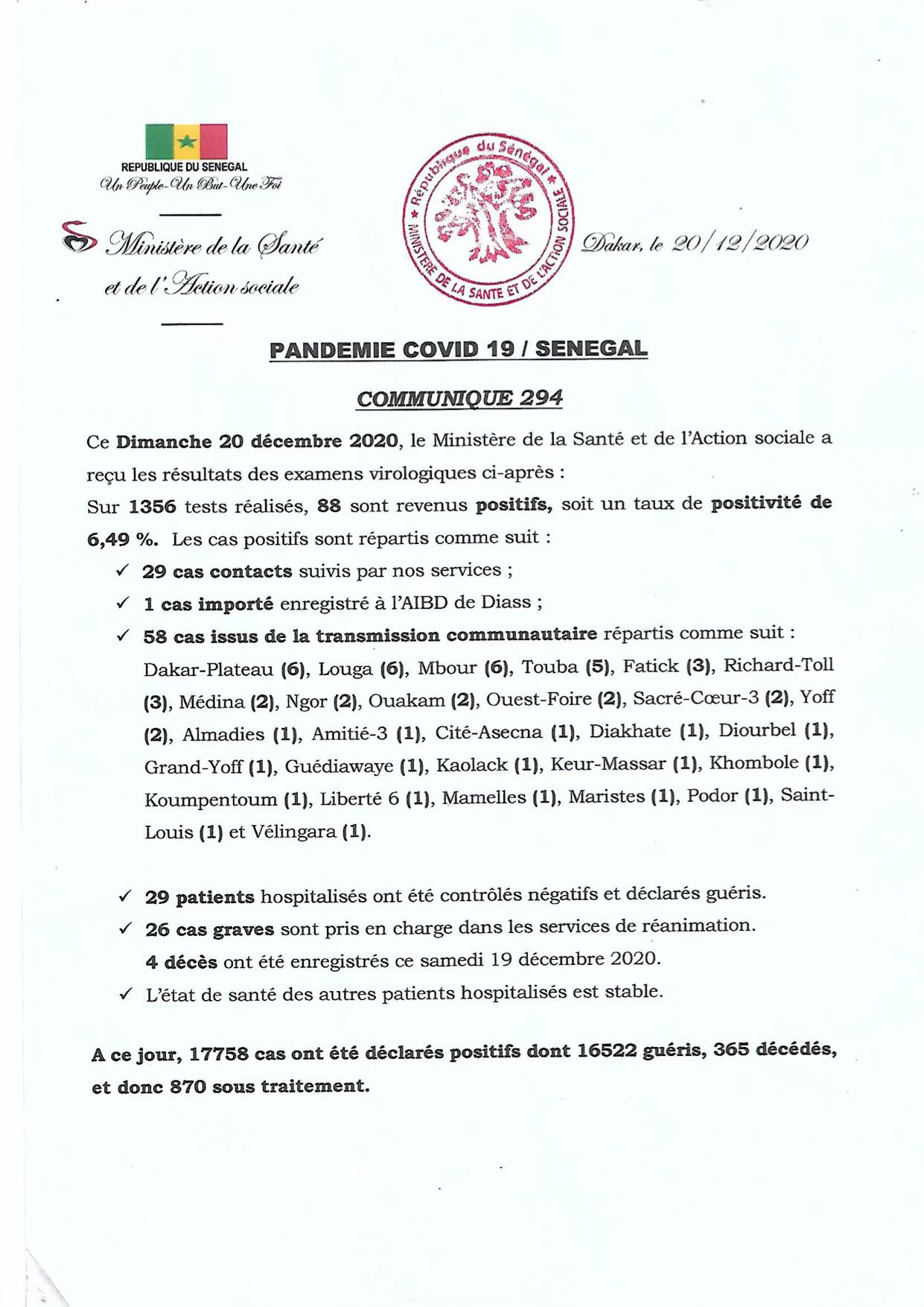 COVID-19 Sénégal : Communiqué 294/20 Dec 2 132043950 2753519944887892 3081813444159064789 o