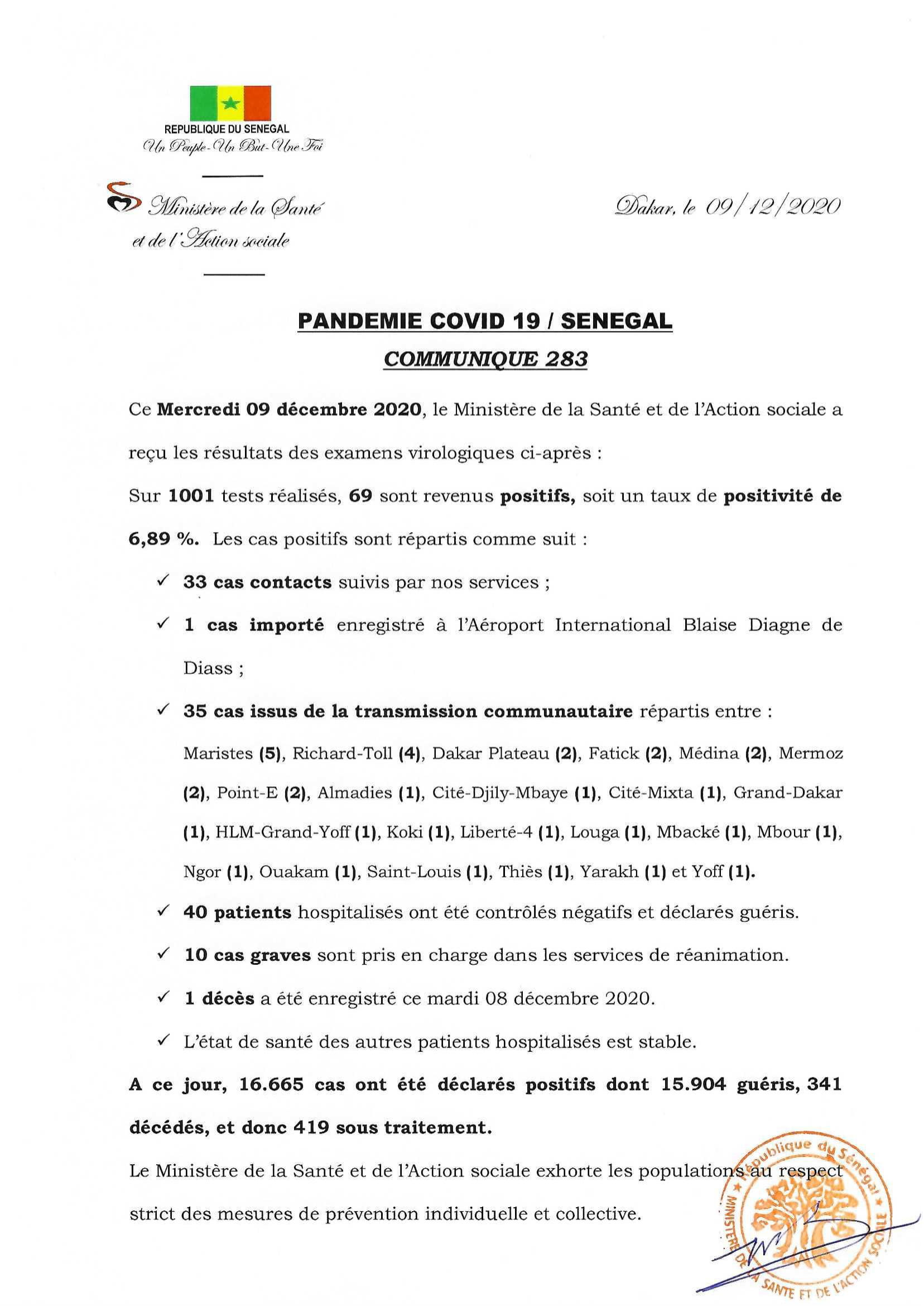 COVID-19 Sénégal : Communiqué 283/09 Dec 2 COMMUNIQUE 283 DU 09 DECEMBRE 2020 1