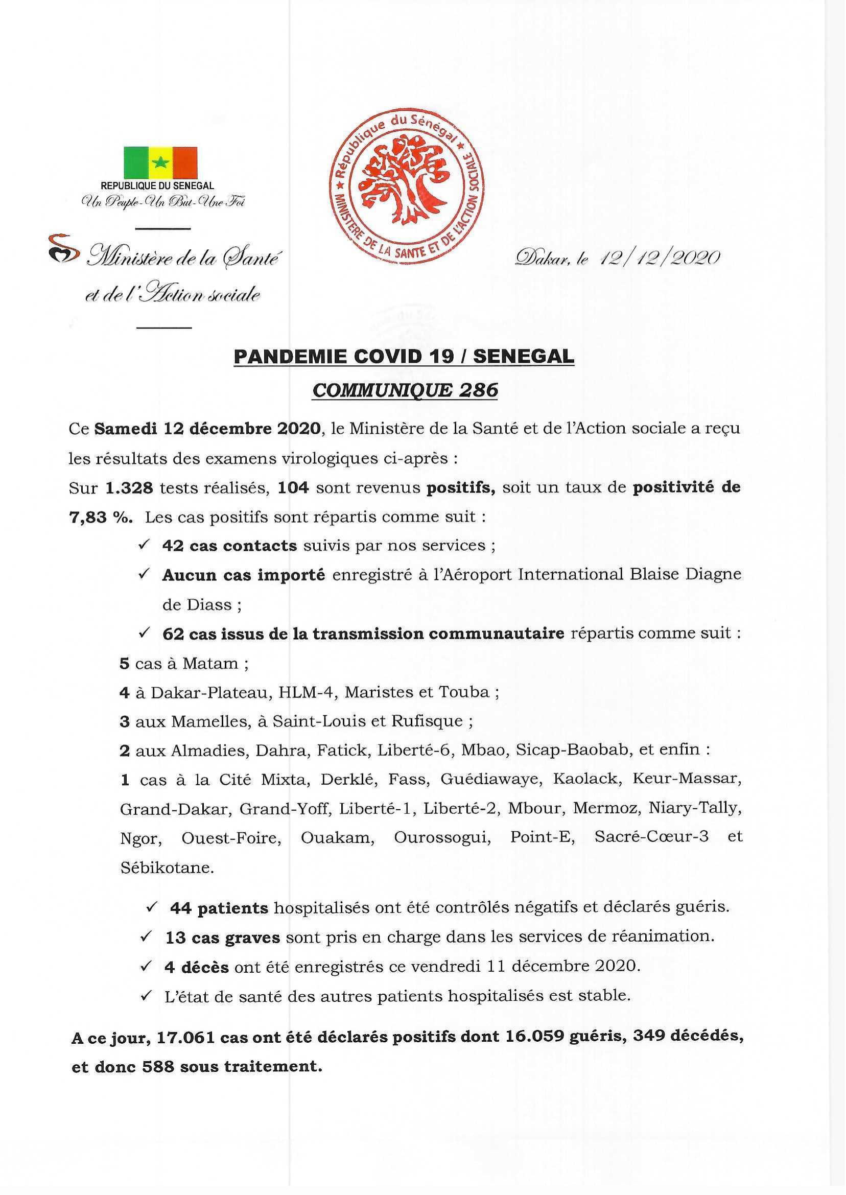 COVID-19 Sénégal : Communiqué 286/12 Dec 2 COMMUNIQUE 286 DU 12 DECEMBRE 2020 1