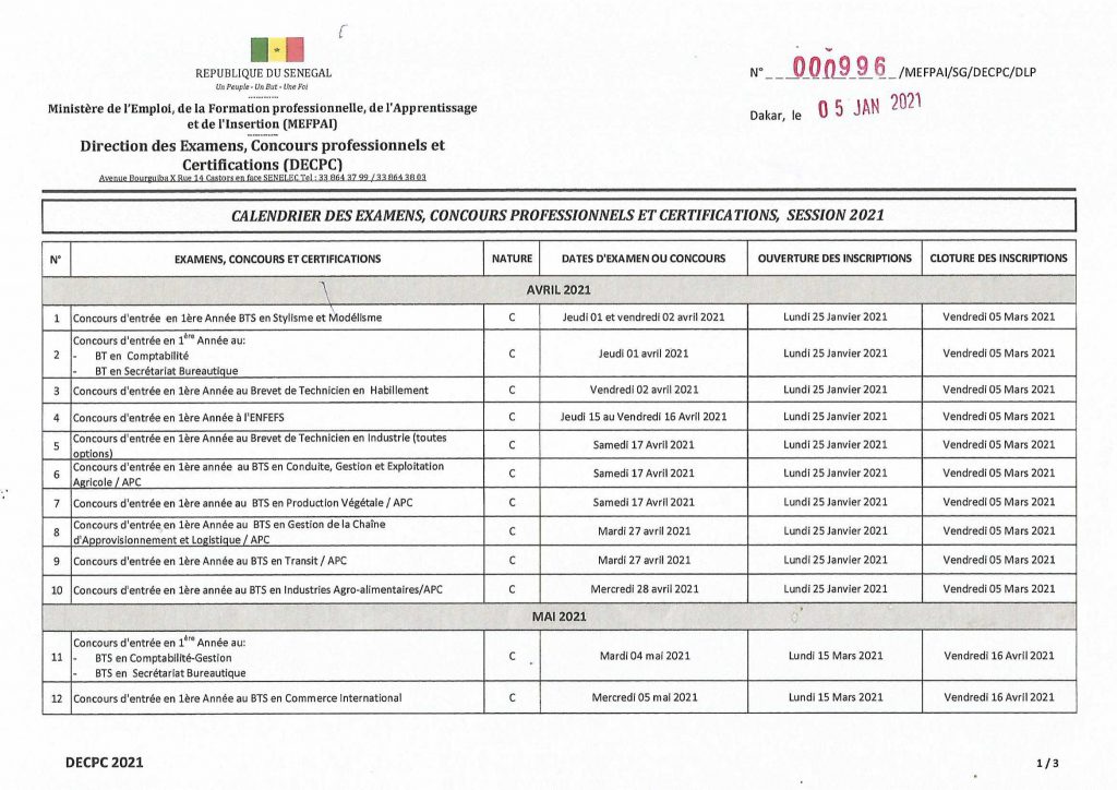 Calendrier Des Examens, Concours Professionnels Et Certifications ...