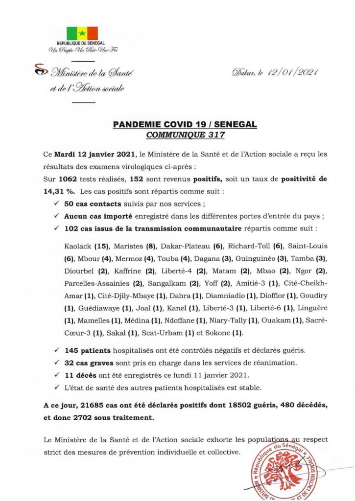 COVID-19 Sénégal : Communiqué 317/12 Jan 2 COMMUNIQUE 317 DU 12 JANVIER 2021 1