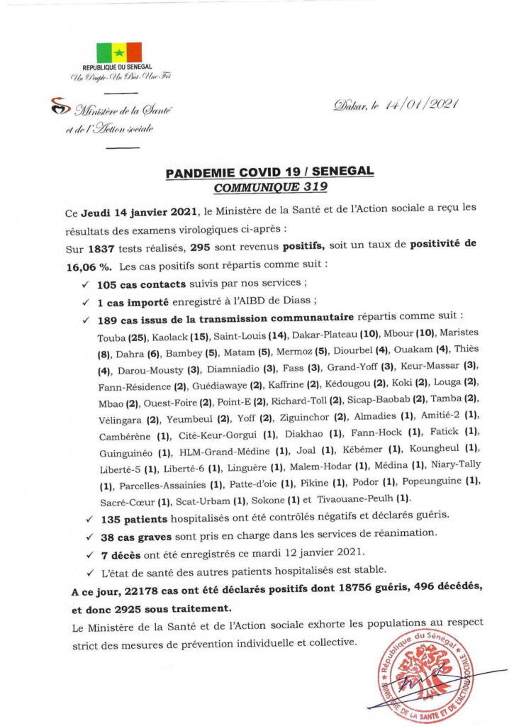 COVID-19 Sénégal : Communiqué 319/14 Jan 2 COMMUNIQUE 319 DU 14 JANVIER 2021 1