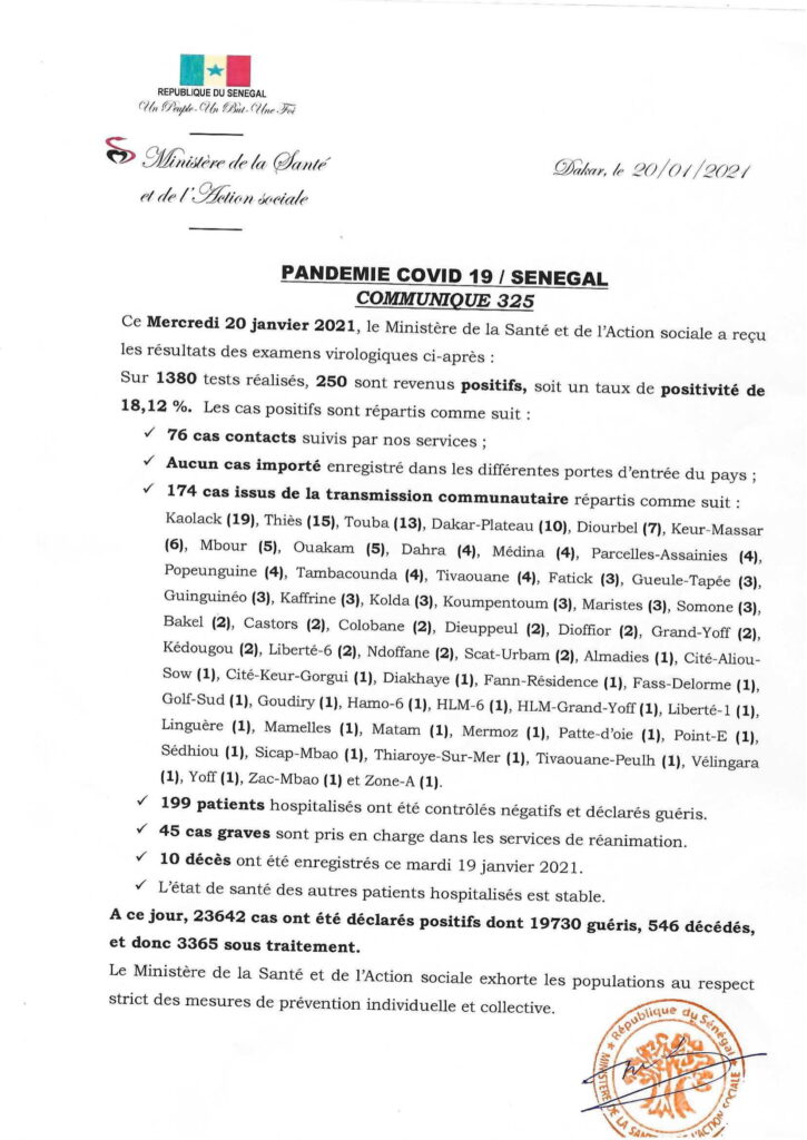 COVID-19 Sénégal : Communiqué 325/20 Jan 2 COMMUNIQUE 325 DU 20 JANVIER 2021 1