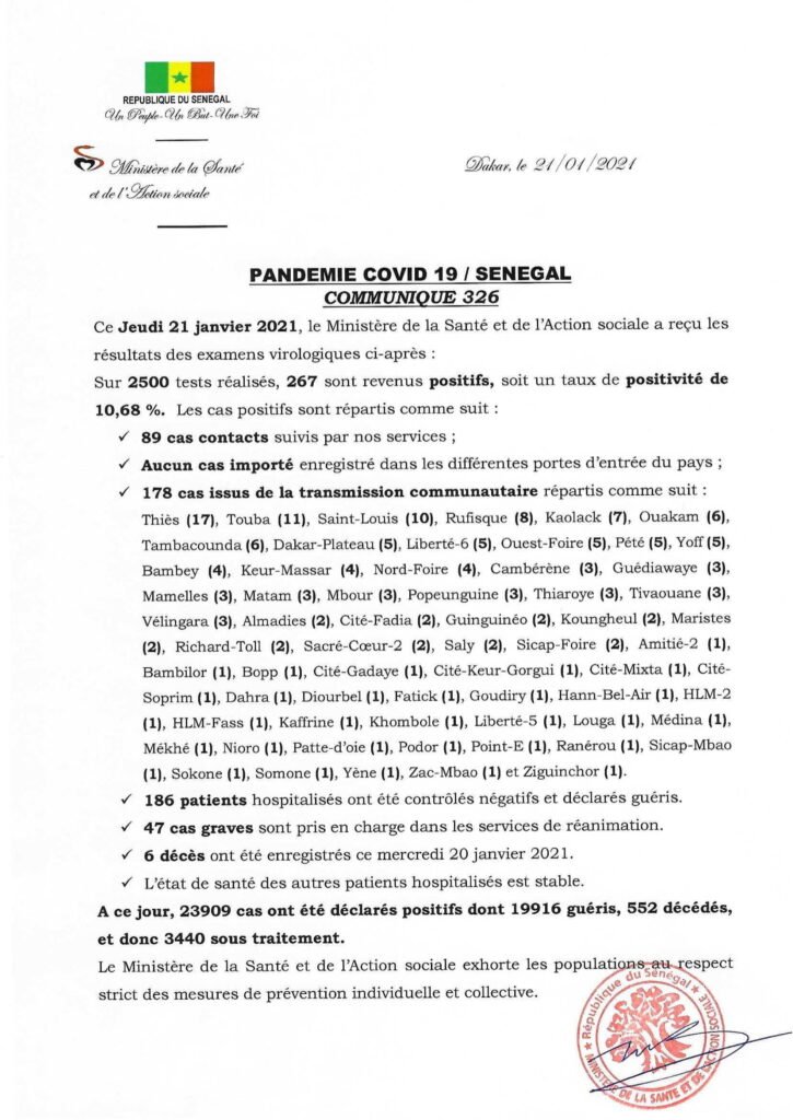 COVID-19 Sénégal : Communiqué 326/21 Jan 2 COMMUNIQUE 326 DU 21 JANVIER 2021 1