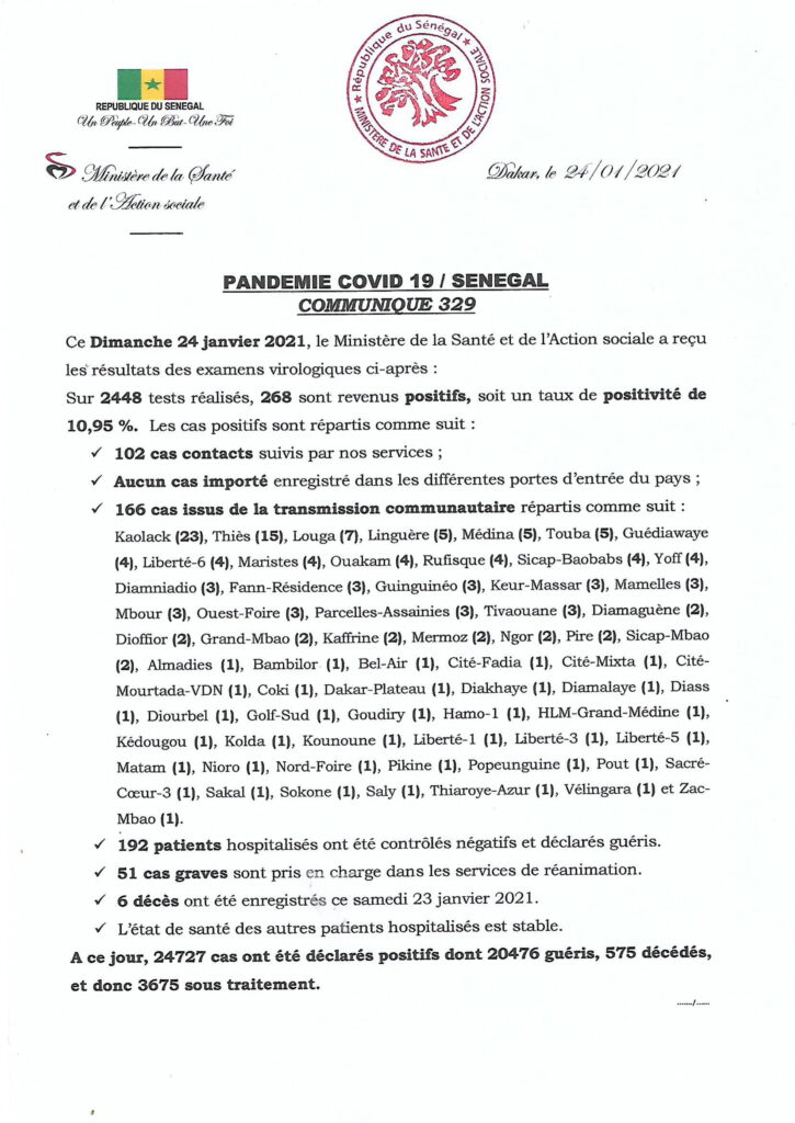 COVID-19 Sénégal : Communiqué 329/24 Jan 2 COMMUNIQUE 329 DU 24 JANVIER 2021 1