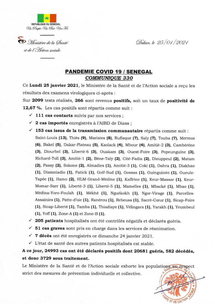 COVID-19 Sénégal : Communiqué 330/25 Jan 2 COMMUNIQUE 330 DU 25 JANVIER 2021 1