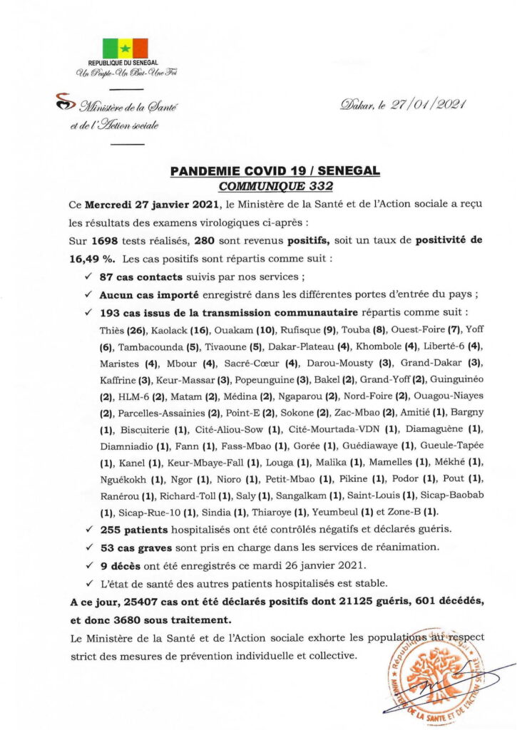 COVID-19 Sénégal : Communiqué 332/27 Jan 2 COMMUNIQUE 332 DU 27 JANVIER 2021 1