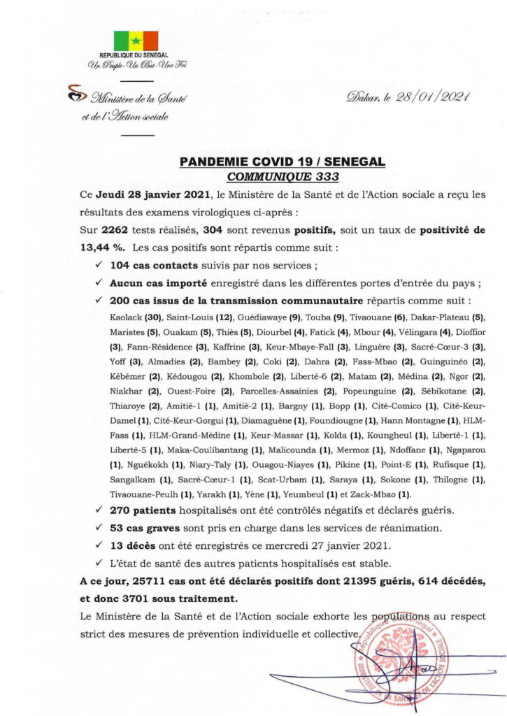 COVID-19 Sénégal : Communiqué 333/28 Jan 2 COMMUNIQUE 333 DU 28 JANVIER 2021 1