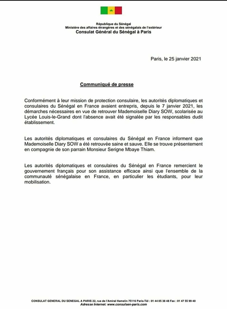 Urgent : Diary Sow retrouvée en Belgique “dans un état dépressif” (Audio) 2 communique de presse