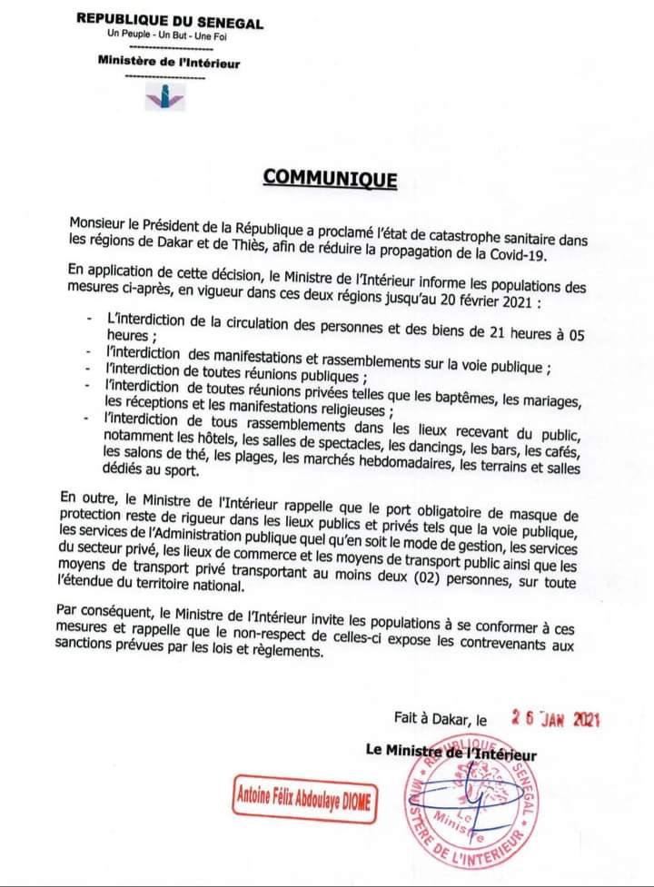 Entrée en vigueur de la nouvelle loi : L’état d’urgence se poursuit à Dakar et Thiès 2 communique ministere interieur