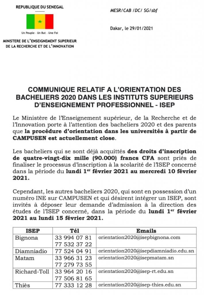 Communiqué relatif à l'orientation des bacheliers 2020 dans les instituts supérieurs d'enseignement professionnel - ISEP 2 144873997 4106050662781095 4708553040600773792 o