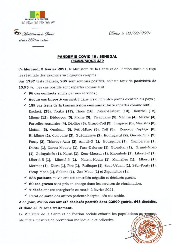 COVID-19 Sénégal : Communiqué 339/03 fev 2 145395294 2787015444871675 6527542876028866400 o