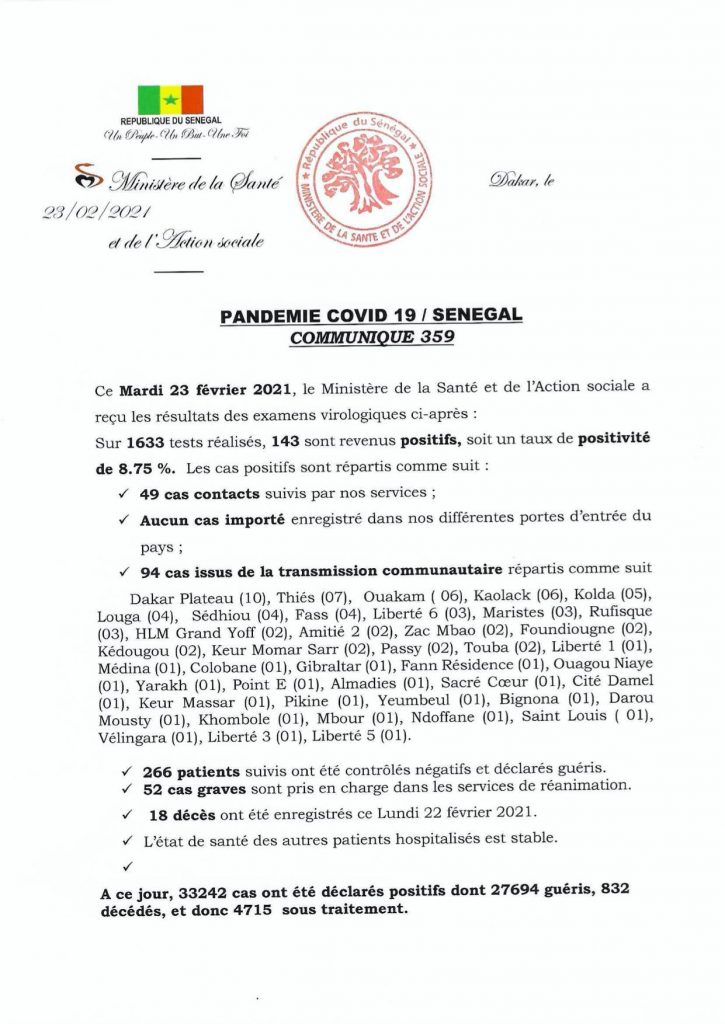 COVID-19 Sénégal : Communiqué 359/23 fev 2 154021072 2800987610141125 3087481622956581742 o