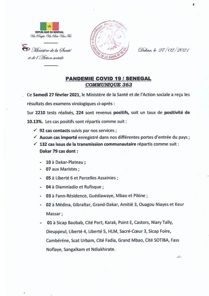COVID-19 Sénégal : Communiqué 363/27 fev 2 154829539 2803930863180133 63099918811225977 o