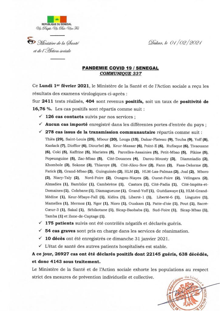 COVID-19 Sénégal : Communiqué 337/01 fev 2 COMMUNIQUE 337 DU 01 FEVRIER 2021 1