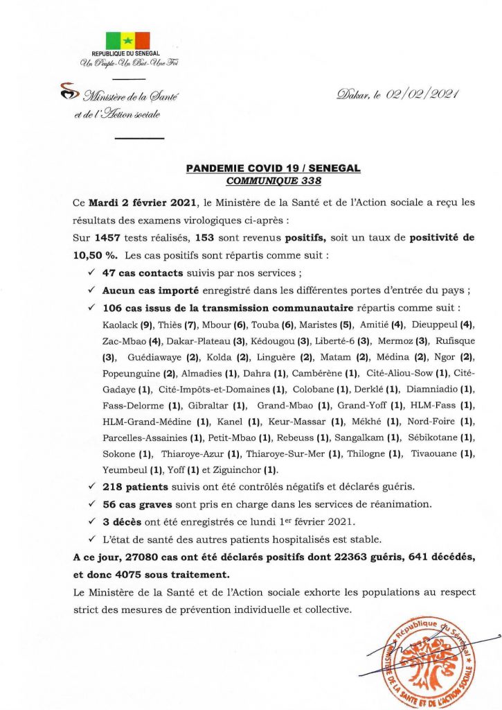 COVID-19 Sénégal : Communiqué 338/02 fev 2 COMMUNIQUE 338 DU 02 FEVRIER 2021 1