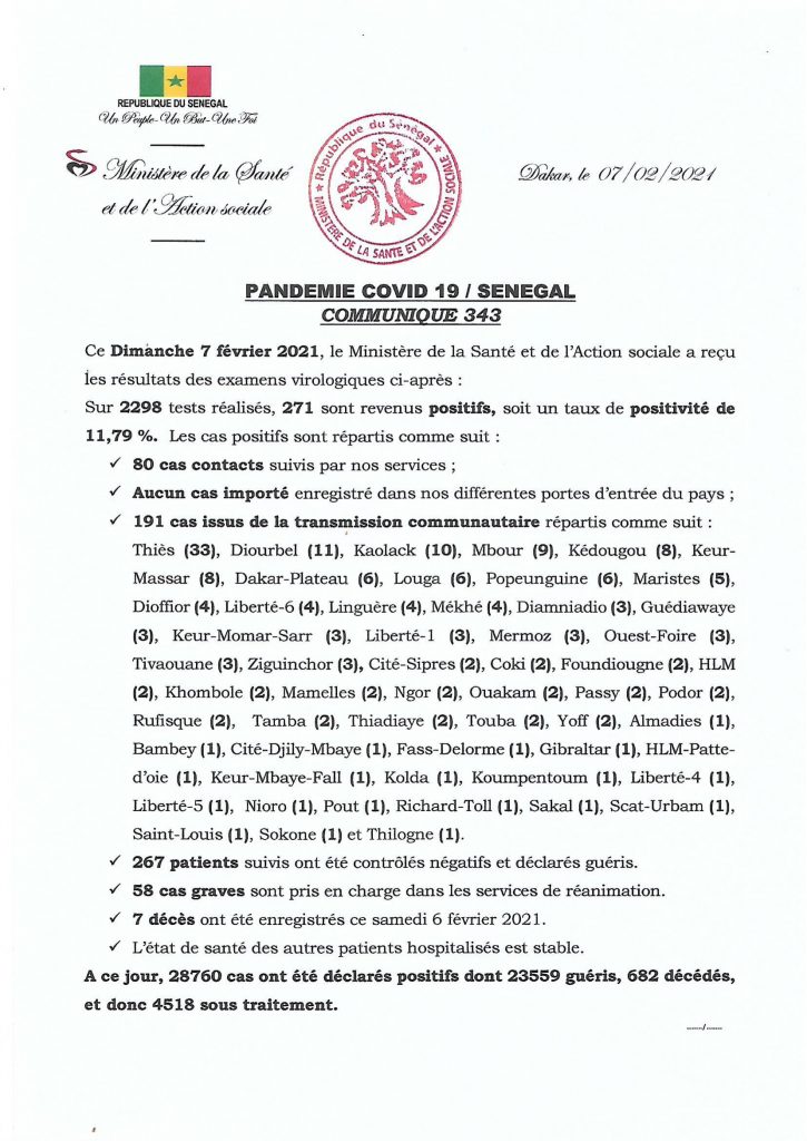 COVID-19 Sénégal : Communiqué 343/07 fev 2 COMMUNIQUE 343 DU 07 FEVRIER 2021 1