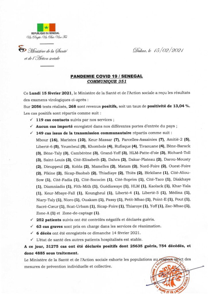 COVID-19 Sénégal : Communiqué 351/15 fev 2 COMMUNIQUE 351 DU 15 FEVRIER 2021 1