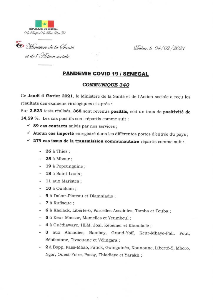 COVID-19 Sénégal : Communiqué 340/04 fev 2 scan communique 340 1