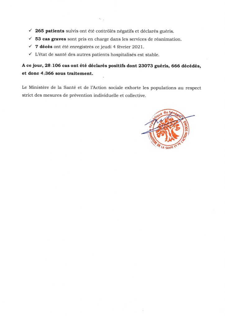 COVID-19 Sénégal : Communiqué 341/05 fev 3 scanc communique 341 1 2