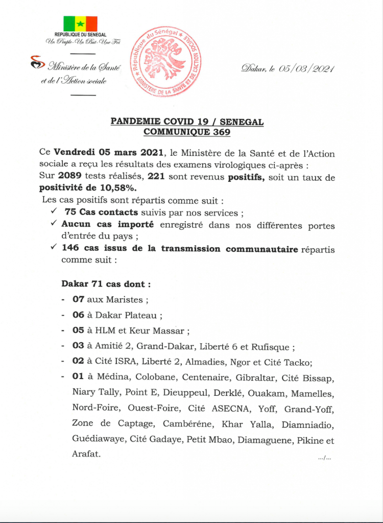 COVID-19 Sénégal : Communiqué 369/05 Mars 2 157040217 2808772176029335 8172551626264702272 o