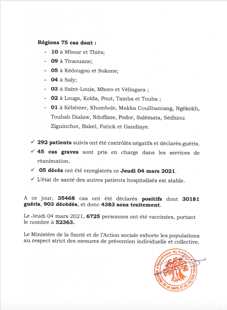 COVID-19 Sénégal : Communiqué 369/05 Mars 3 157299640 2808772166029336 1269627073393704465 o