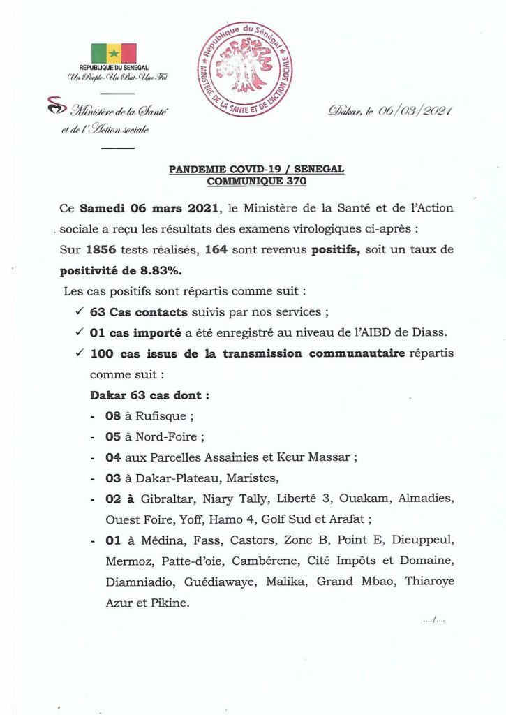 COVID-19 Sénégal : Communiqué 370/06 Mars 2 157350181 2809610055945547 4124610146338973259 o