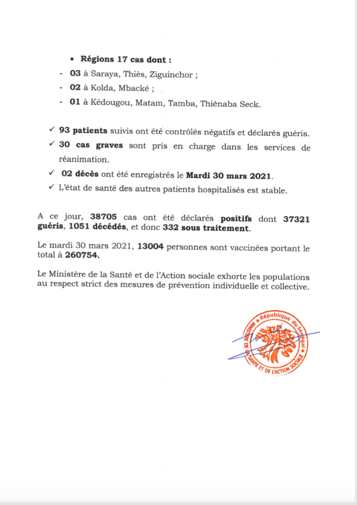 COVID-19 Sénégal : Communiqué 395/31 Mars 3 166740700 2828650697374816 4413067240241007815 n