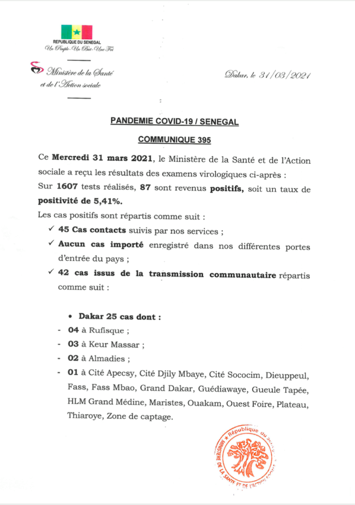 COVID-19 Sénégal : Communiqué 395/31 Mars 2 167300408 2828650630708156 906301098399567694 n