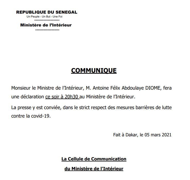 Escalade de la violence dans tout le pays : Antoine Diome fera une déclaration à 20 h 30 2 Communique Antoine Diome
