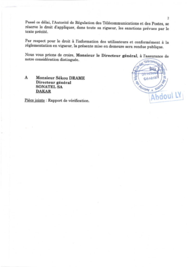 L'Artp met en demeure Sonatel - Orange! (Document) 3 16179757962192
