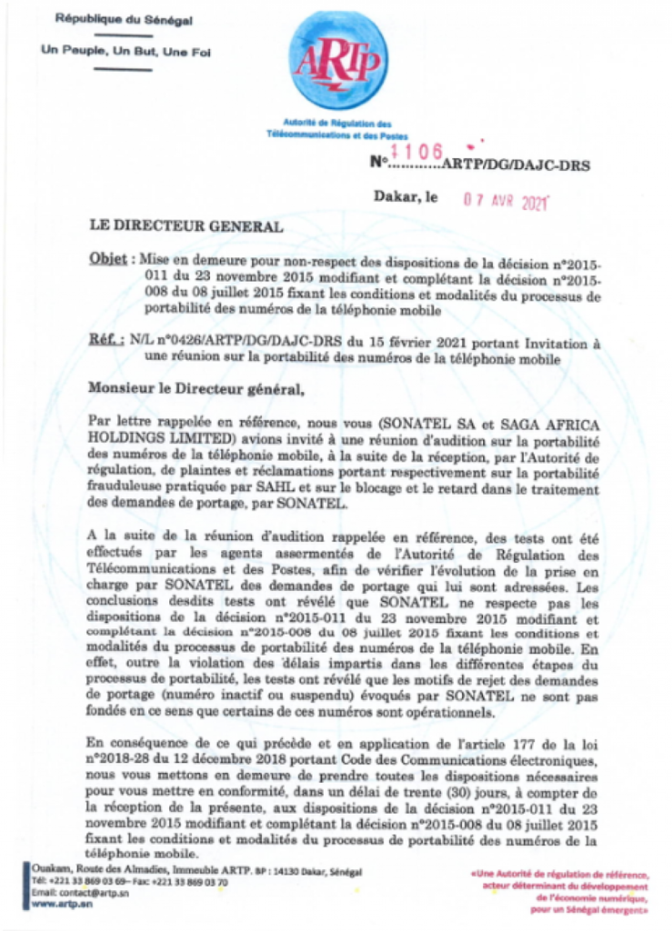 L'Artp met en demeure Sonatel - Orange! (Document) 2 16179757963551