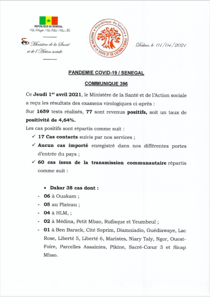 COVID-19 Sénégal : Communiqué 396/01 Avril 2 167422137 2829406607299225 729571860614116840 n