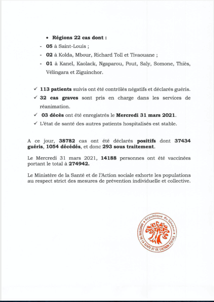 COVID-19 Sénégal : Communiqué 396/01 Avril 3 167724195 2829406657299220 1971793817165964448 n 1