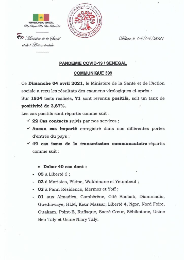 COVID-19 Sénégal : Communiqué 399/04 Avril 🇸🇳 2 168687465 2831767867063099 5375749896970251526 n