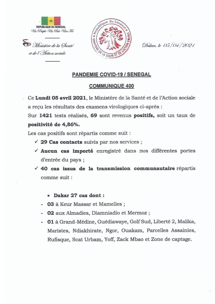 COVID-19 Sénégal : Communiqué 400/05 Avril 2 169063691 2832501500323069 1780927790036360745 n