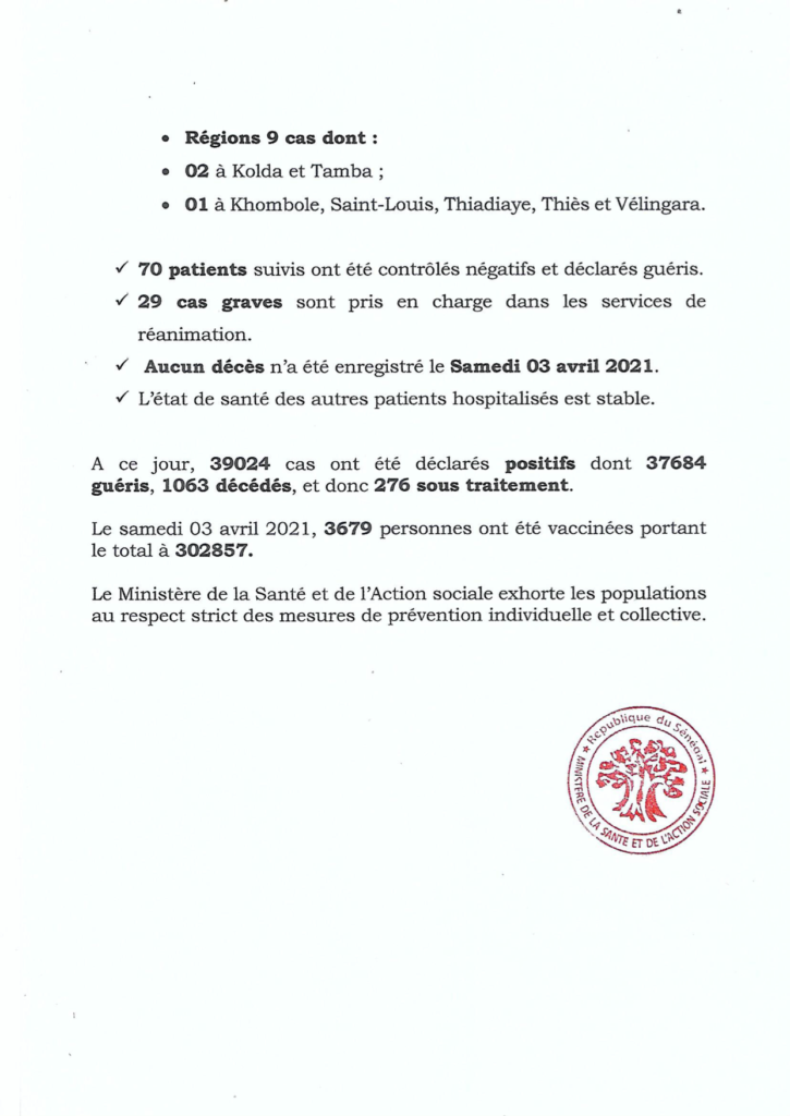 COVID-19 Sénégal : Communiqué 399/04 Avril 🇸🇳 3 169252070 2831767910396428 4710396196103015897 n