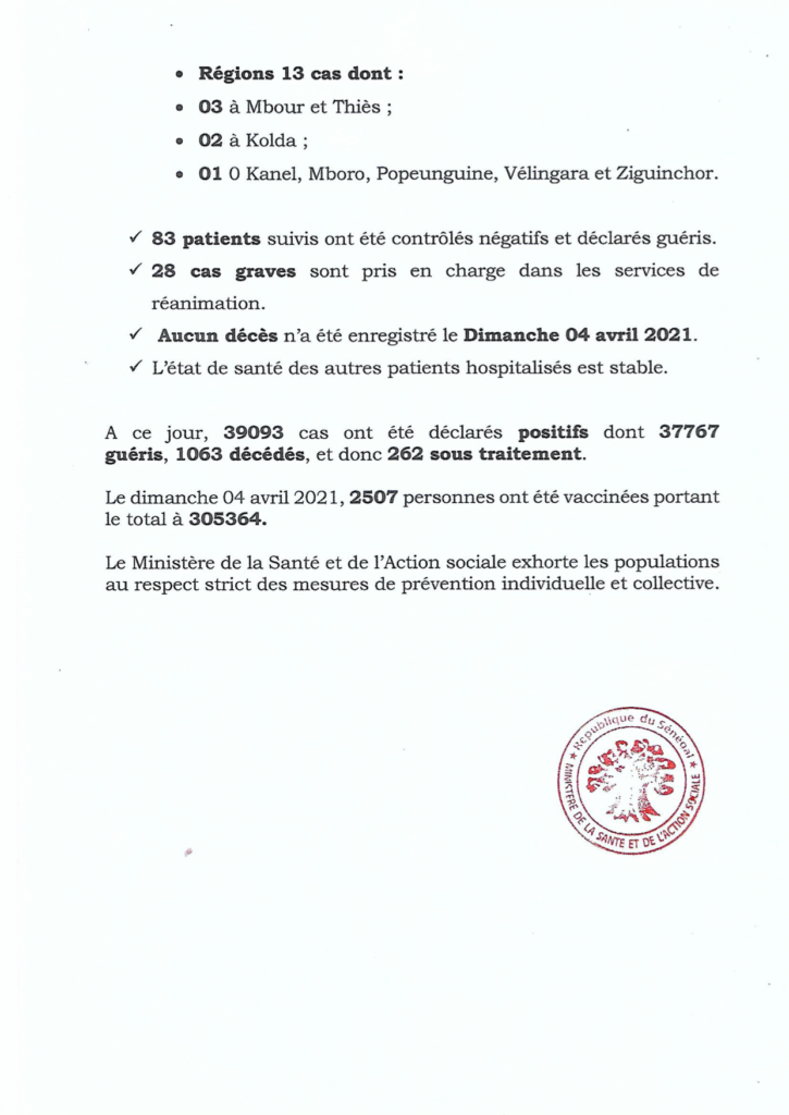 COVID-19 Sénégal : Communiqué 400/05 Avril 3 169976454 2832501543656398 8385333990050278342 n